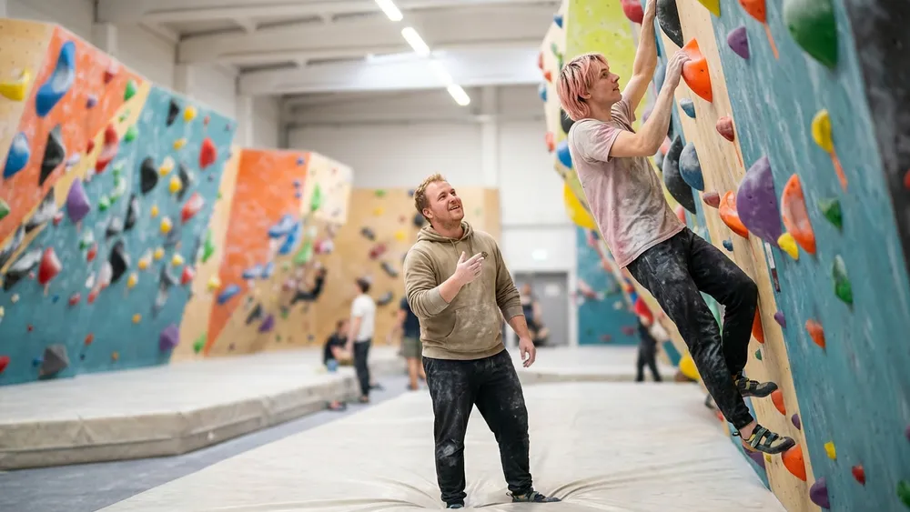KletterBar Kiel – Zwei Personen beim Bouldern an einer bunten Kletterwand