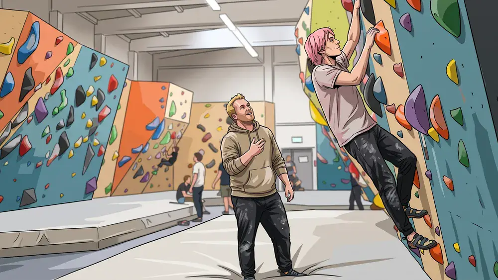KletterBar Kiel – Zwei Personen beim Bouldern an einer bunten Kletterwand