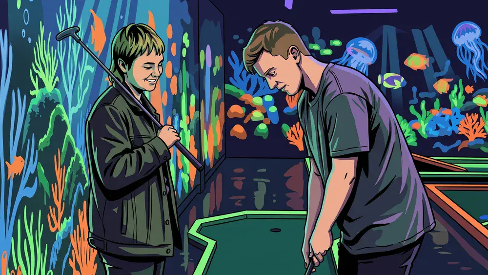 4D Schwarzlicht Minigolf in Kiel – Zwei Personen spielen Minigolf in leuchtenden Neonfarben