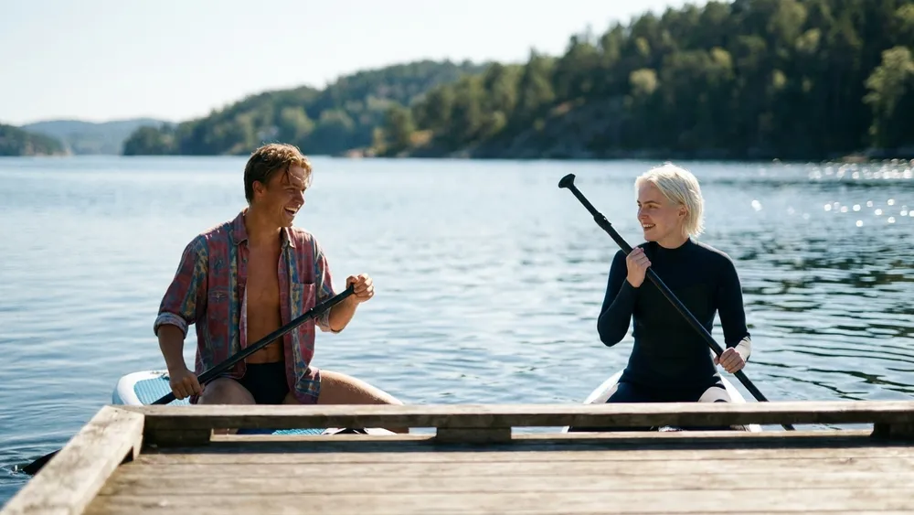 SUP auf der Kieler Förde – Zwei Personen paddeln auf Stand-Up-Paddleboards auf ruhigem Wasser