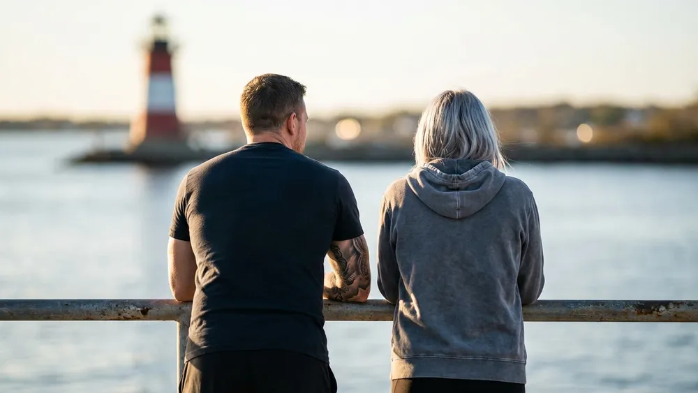 Tiessenkai in Kiel-Holtenau – Zwei Personen blicken auf den Nord-Ostsee-Kanal mit Leuchtturm