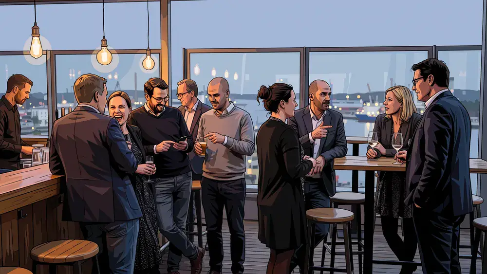 Deck 8 in Kiel – Kollegen trinken Cocktails an der Bar mit Panoramablick auf die Kieler Förde