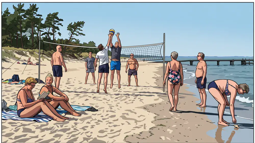 Falckensteiner Strand in Kiel – Kollegen sitzen und spielen Beachvolleyball am langen Ostseestrand