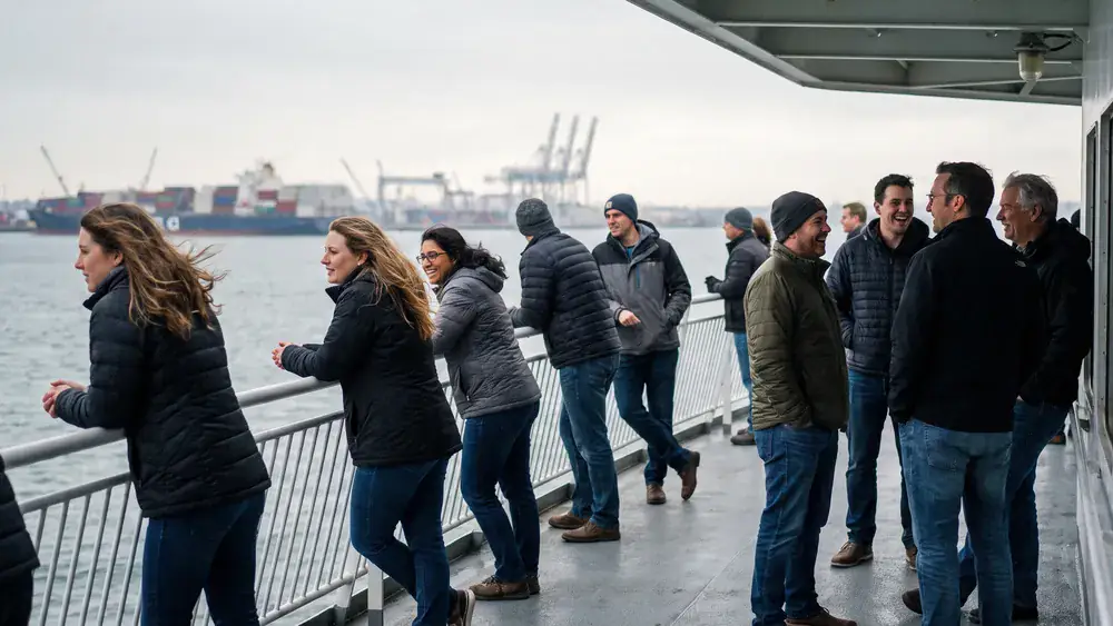 Fördeschifffahrt in Kiel – Kollegen stehen an der Reling einer Fähre auf der Kieler Förde