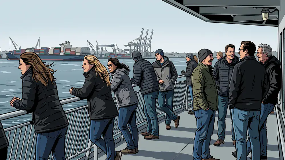 Fördeschifffahrt in Kiel – Kollegen stehen an der Reling einer Fähre auf der Kieler Förde