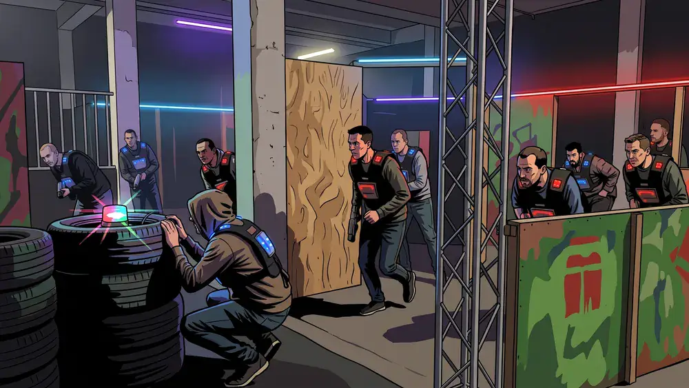 Lasertag in Kiel – Kollegen mit Sensorwesten spielen in einer dunklen Neon-Arena