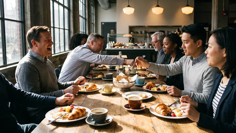 Manufactur Restaurant in Kiel – Kollegen brunchen gemeinsam am Buffet-Tisch mit Croissants und Kaffee