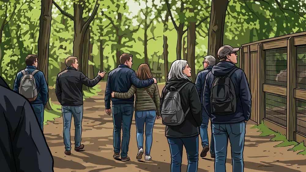 Tierpark Gettorf bei Kiel – Kollegen spazieren durch den Zoo mit bewaldeten Gehegen