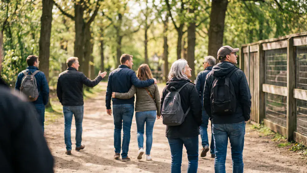 Tierpark Gettorf bei Kiel – Kollegen spazieren durch den Zoo mit bewaldeten Gehegen