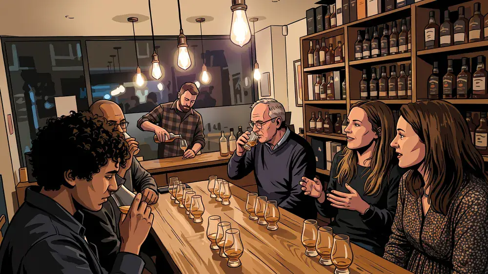 Whisky-Tasting in Kiel – Kollegen verkosten an einer Tafel mehrere Whiskys