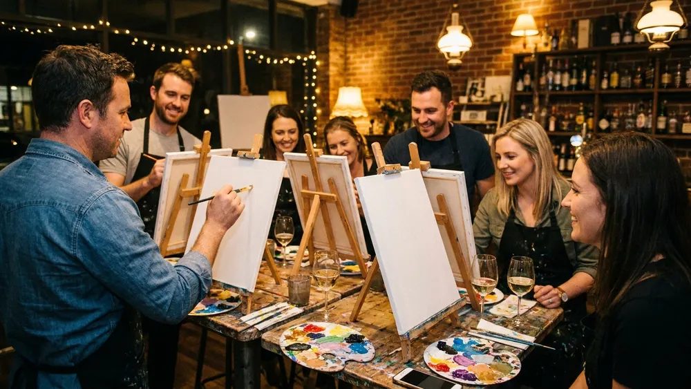 ArtNight in Kiel – Gruppe malt an Staffeleien mit einem Glas Wein dabei