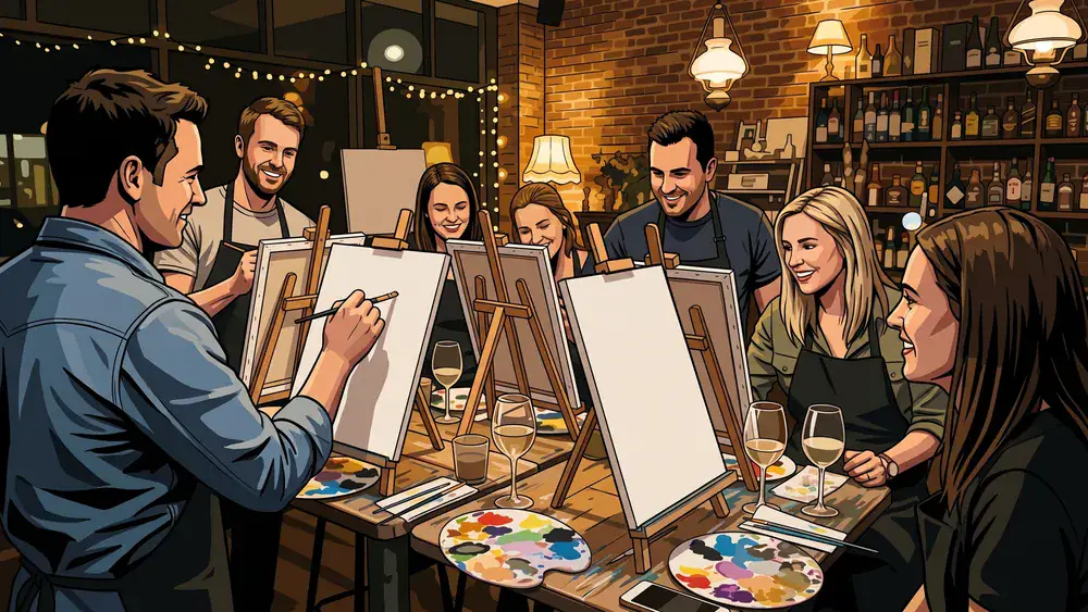 ArtNight in Kiel – Gruppe malt an Staffeleien mit einem Glas Wein dabei