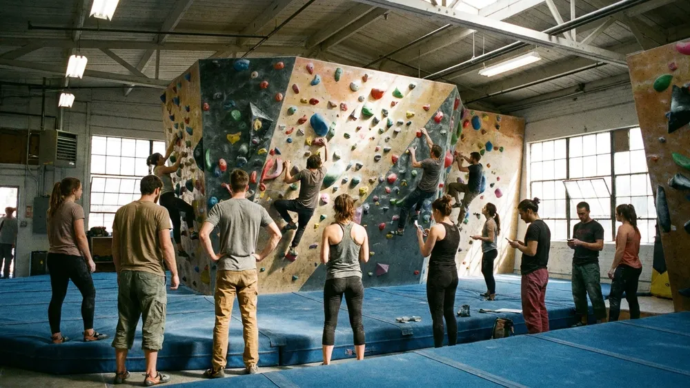 urban apes Kiel – Gruppe bouldert gemeinsam in einer großen Halle mit bunten Klettergriffen
