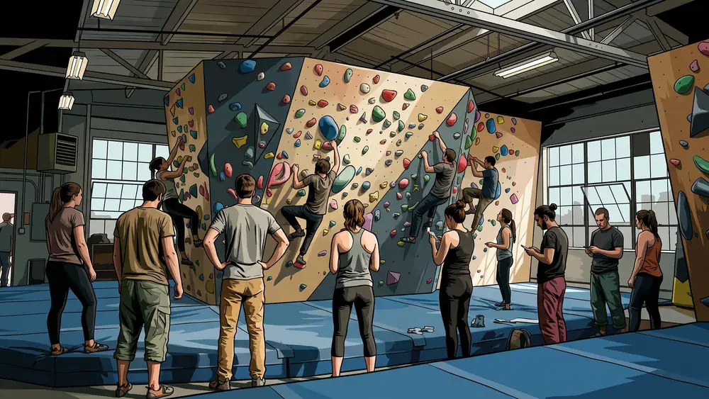 urban apes Kiel – Gruppe bouldert gemeinsam in einer großen Halle mit bunten Klettergriffen