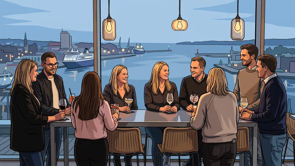 Deck 8 in Kiel – Gruppe trinkt Cocktails an der Bar mit Panoramablick auf die Kieler Förde