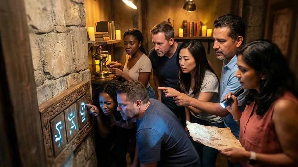 Escape Room in Kiel – Gruppe aus 5 Personen löst gemeinsam Rätsel in einem thematischen Raum