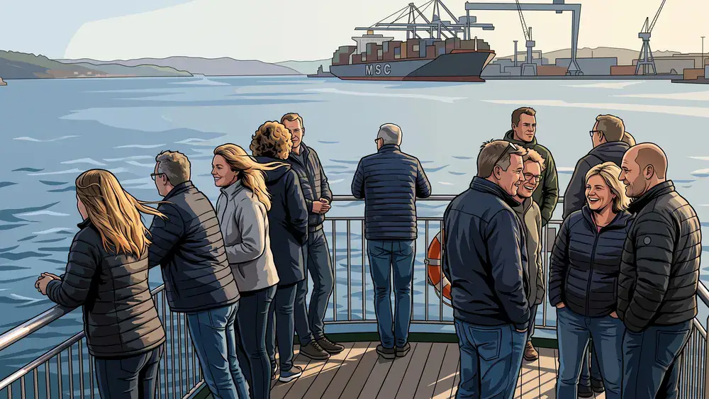 Fördeschifffahrt in Kiel – Gruppe steht an der Reling einer Fähre auf der Kieler Förde