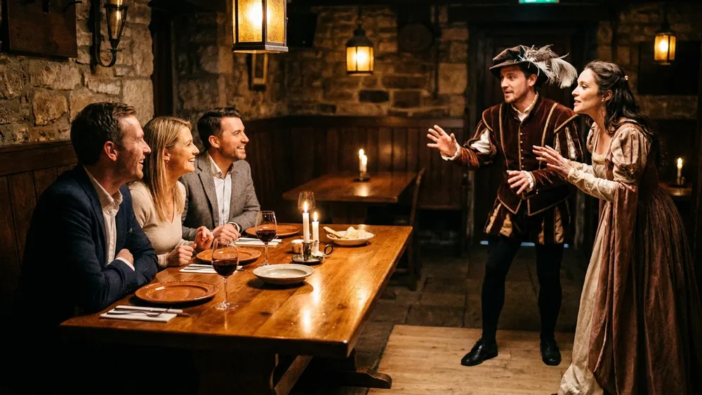 Krimidinner in Kiel – Gruppe verfolgt beim Menü eine Schauspielszene am gedeckten Tisch