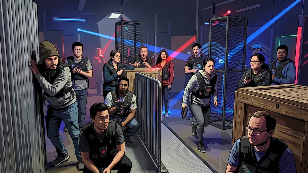 Lasertag in Kiel – Gruppe mit Sensorwesten spielt in einer dunklen Neon-Arena
