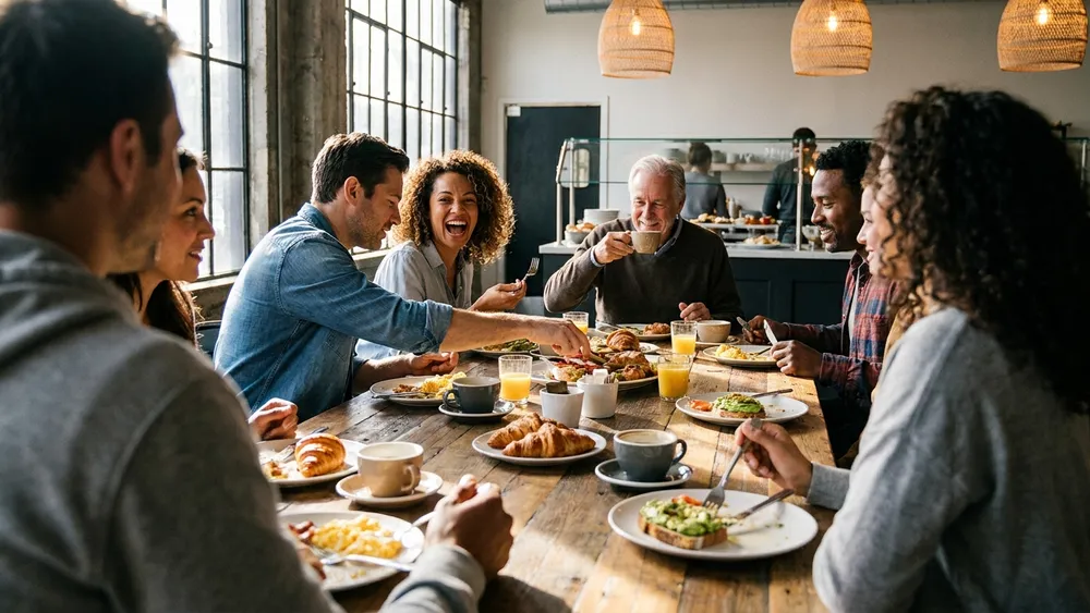 Manufactur Restaurant in Kiel – Gruppe brunscht gemeinsam am Buffet-Tisch mit Croissants und Kaffee