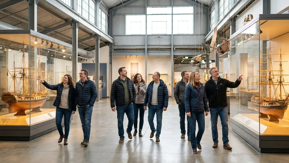 Schifffahrtsmuseum in Kiel – Gruppe betrachtet maritime Exponate in der historischen Fischhalle