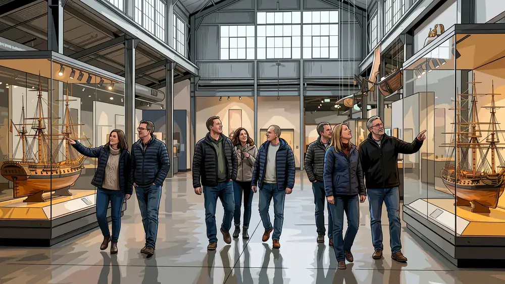 Schifffahrtsmuseum in Kiel – Gruppe betrachtet maritime Exponate in der historischen Fischhalle
