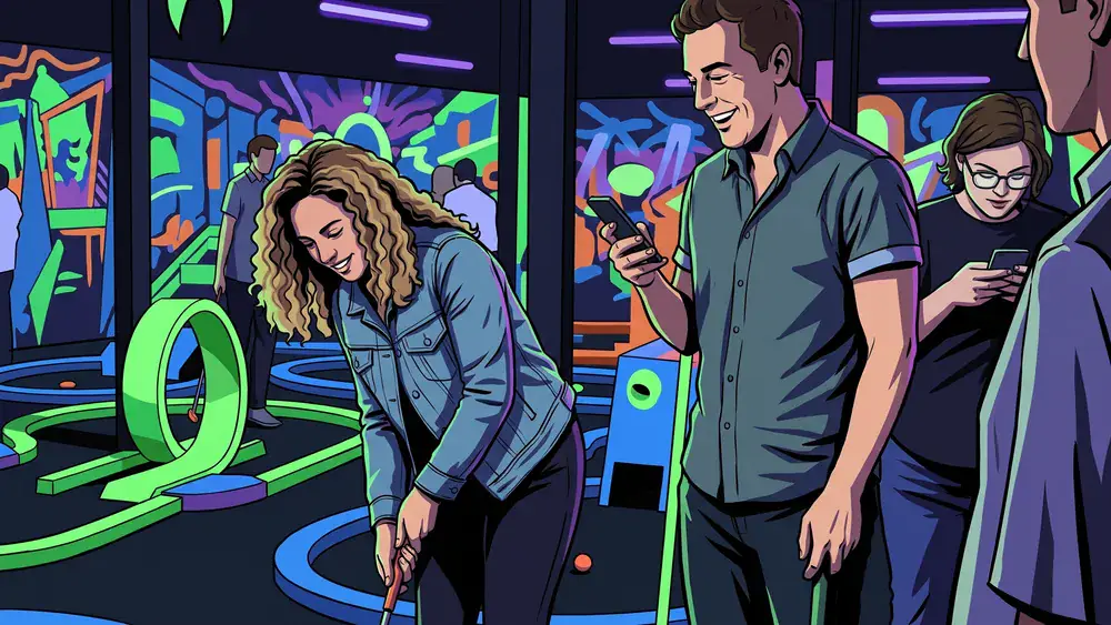 4D Schwarzlicht Minigolf in Kiel – Gruppe spielt Minigolf in leuchtenden Neonfarben
