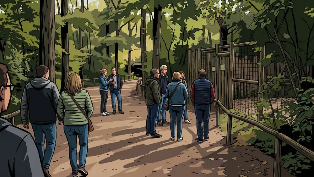 Tierpark Gettorf bei Kiel – Gruppe spaziert durch den Zoo mit bewaldeten Gehegen