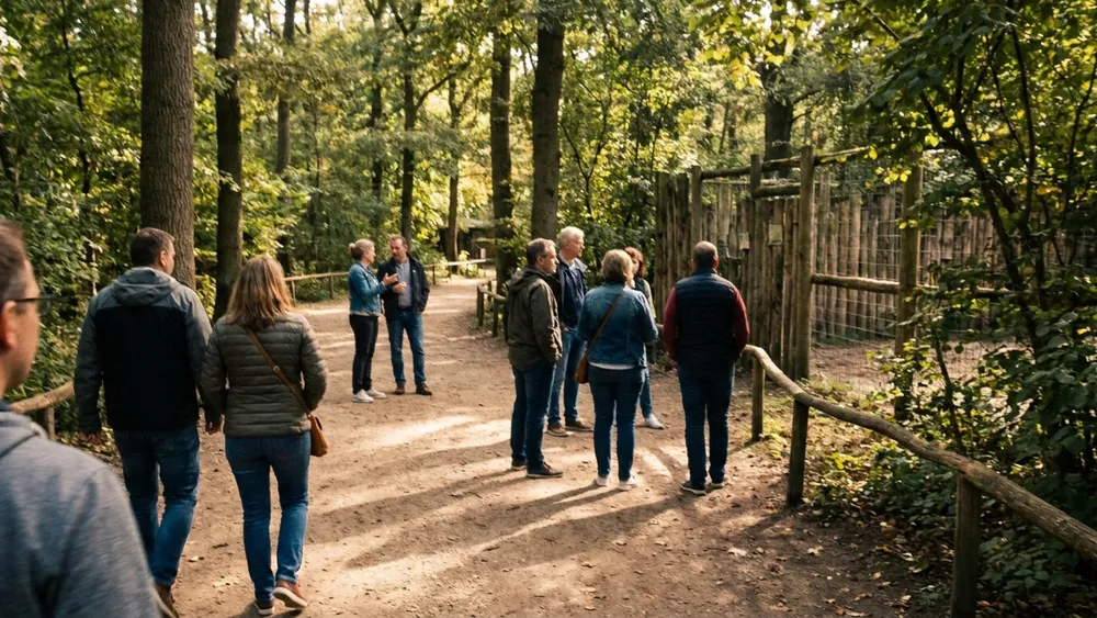 Tierpark Gettorf bei Kiel – Gruppe spaziert durch den Zoo mit bewaldeten Gehegen
