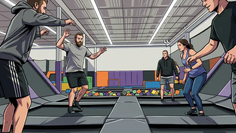 SPRUNG.RAUM Kiel – Gruppe springt gemeinsam auf Trampolinen in einem modernen Indoor-Park