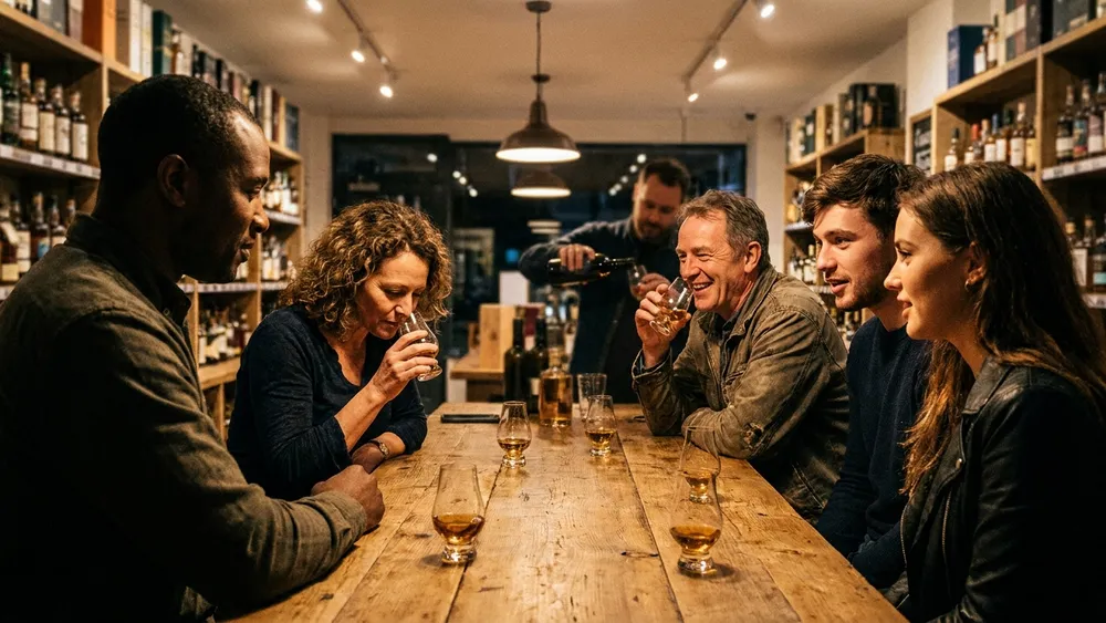 Whisky-Tasting in Kiel – Gruppe verkostet an einer Tafel mehrere Whiskys