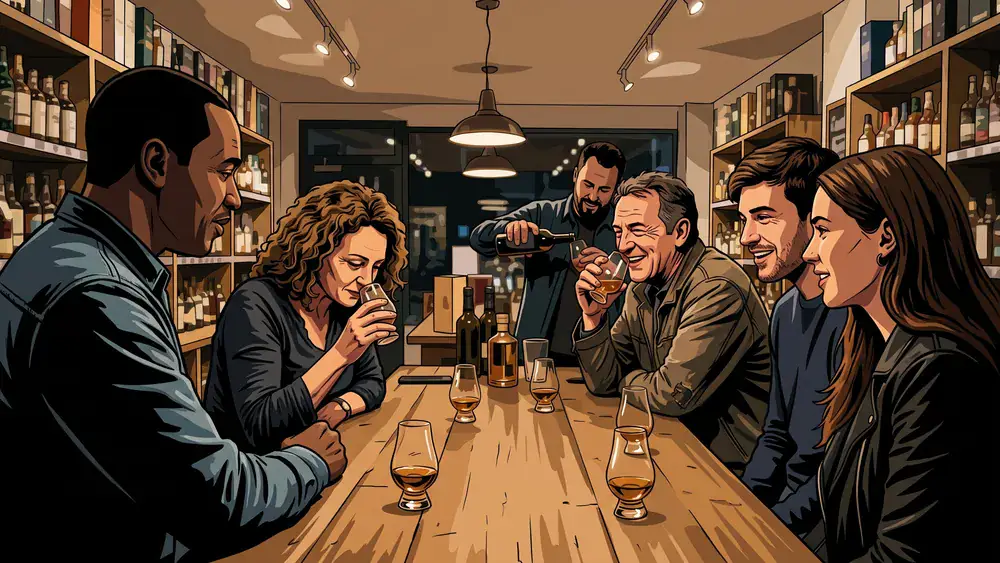 Whisky-Tasting in Kiel – Gruppe verkostet an einer Tafel mehrere Whiskys