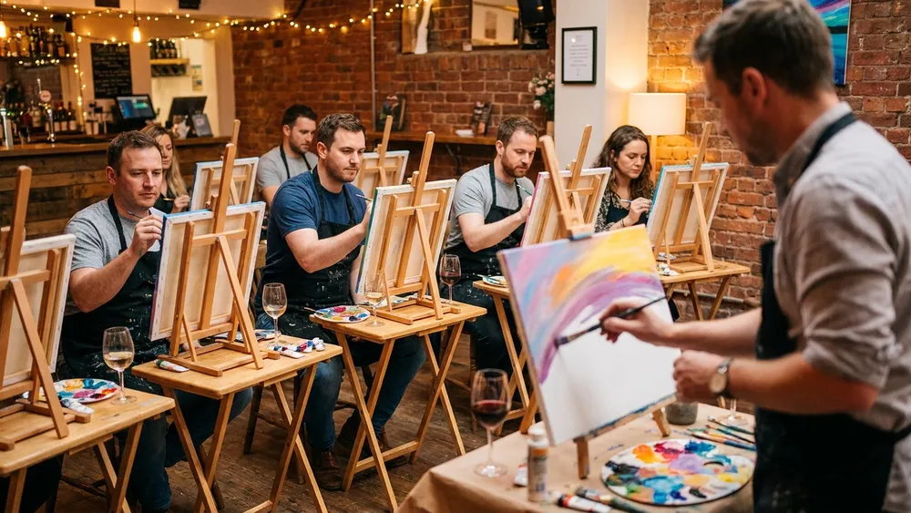 ArtNight in Kiel - Erwachsene malen an Staffeleien mit einem Glas Wein dabei