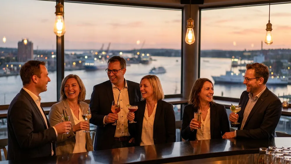 Deck 8 in Kiel - Erwachsene trinken Cocktails an der Bar mit Panoramablick auf die Kieler Förde