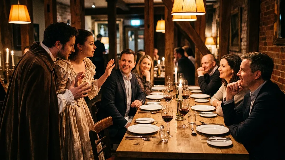 Krimidinner in Kiel - Erwachsene verfolgen beim Menü eine Schauspielszene am gedeckten Tisch