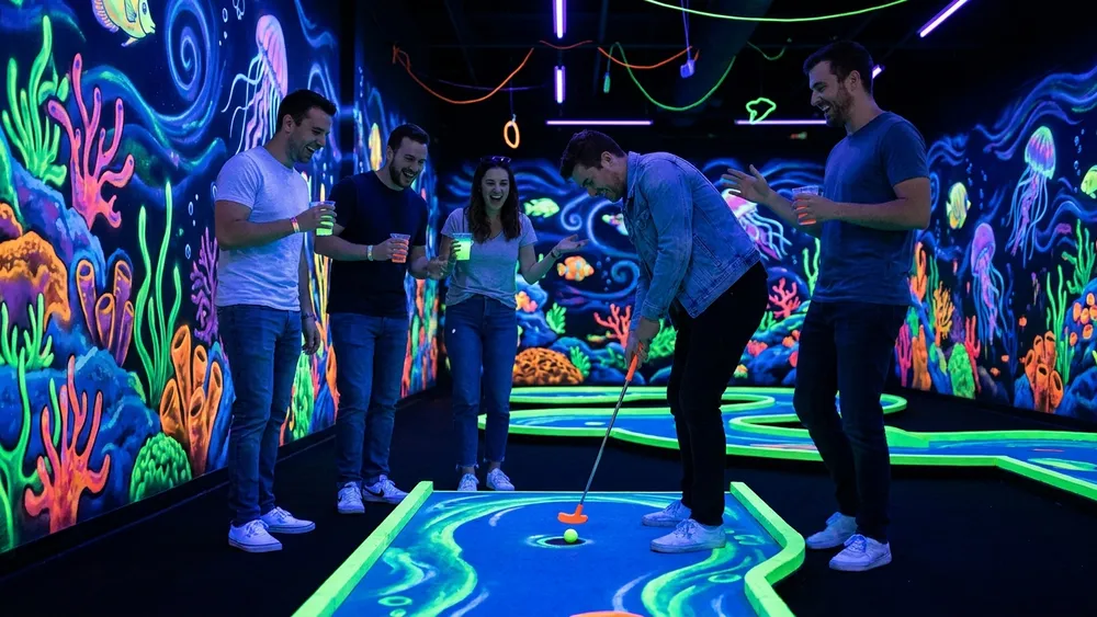 4D Schwarzlicht Minigolf in Kiel - Erwachsene spielen Minigolf in leuchtenden Neonfarben