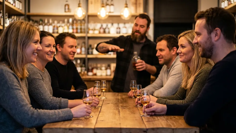 Whisky-Tasting in Kiel - Erwachsene verkosten an einer Tafel mehrere Whiskys
