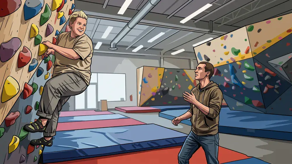 urban apes Boulderhalle in Kiel – Zwei Personen klettern an bunten Griffen in einer großen Halle