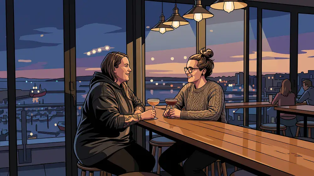 Deck 8 Bar in Kiel – Zwei Personen an der Bar mit Panoramablick auf die Kieler Förde