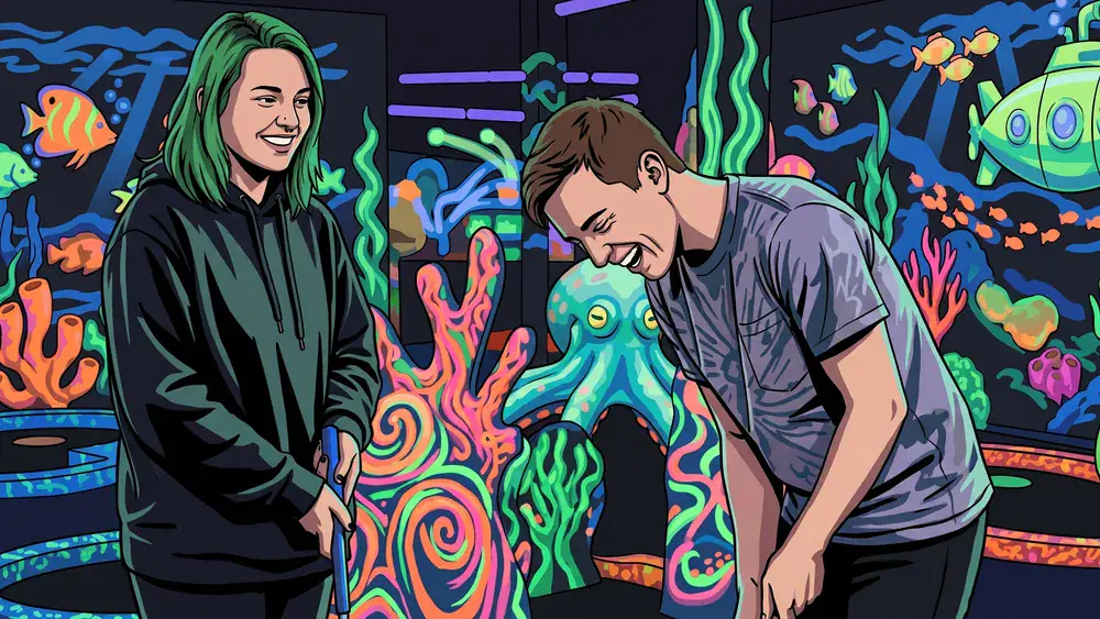 4D Schwarzlicht Minigolf in Kiel – Zwei Personen spielen Minigolf in leuchtenden Neonfarben