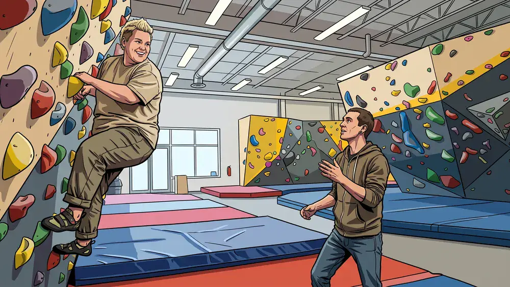 urban apes Kiel – Team bouldert gemeinsam in einer großen Halle mit bunten Klettergriffen