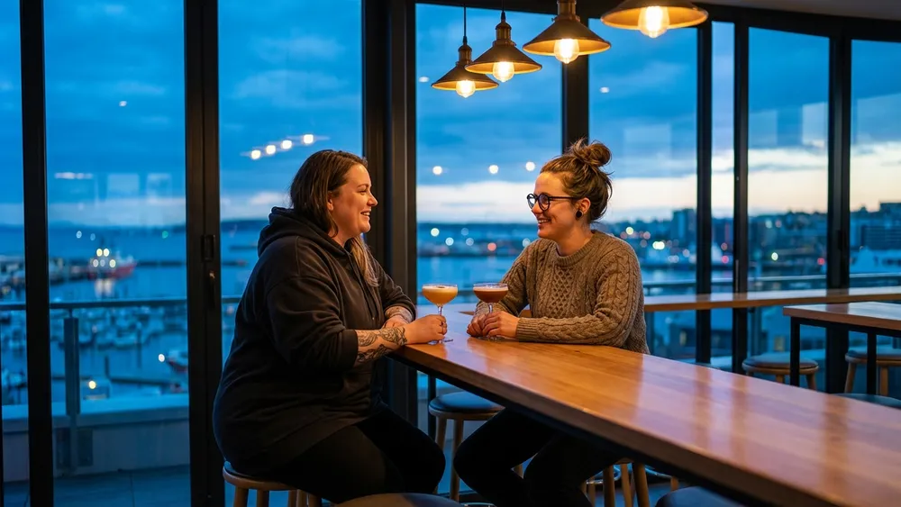 Deck 8 in Kiel – Team trinkt Cocktails an der Bar mit Panoramablick auf die Kieler Förde
