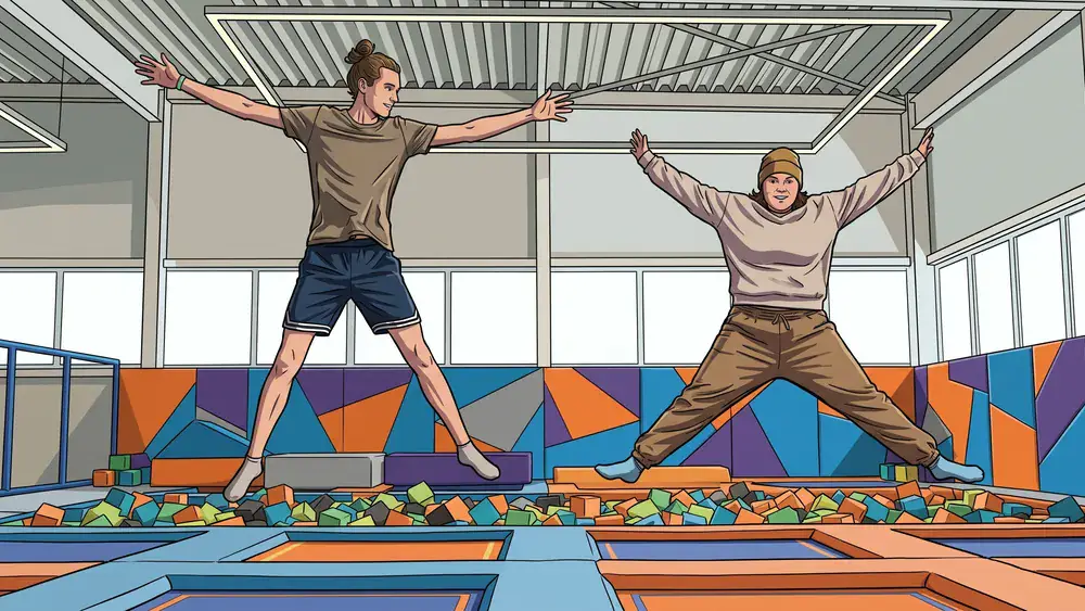 SPRUNG.RAUM Kiel – Team springt gemeinsam auf Trampolinen in einem modernen Indoor-Park