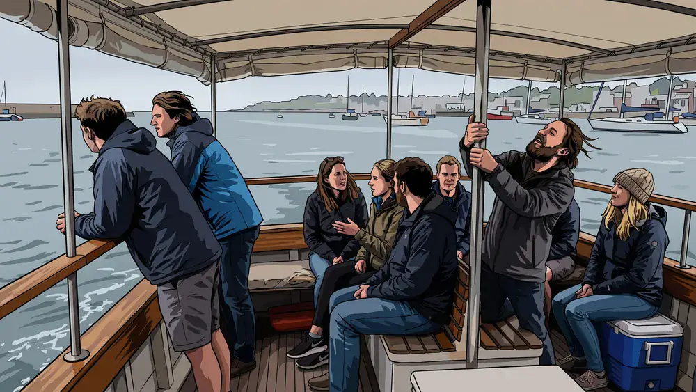 Bootscharter in Kiel – JGA-Gruppe steht auf dem überdachten Achterdeck der Barkasse