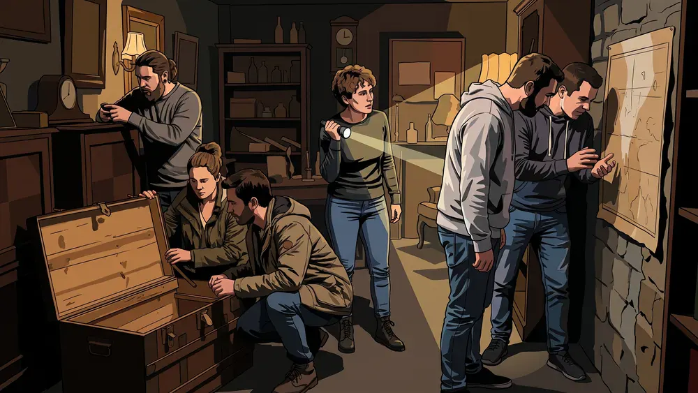 Escape Room in Kiel – JGA-Gruppe löst gemeinsam Rätsel in einem abgedunkelten Raum