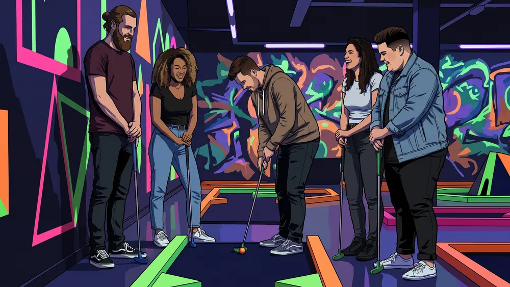 Schwarzlicht-Minigolf in Kiel – JGA-Gruppe spielt eine Bahn im neon leuchtenden Raum