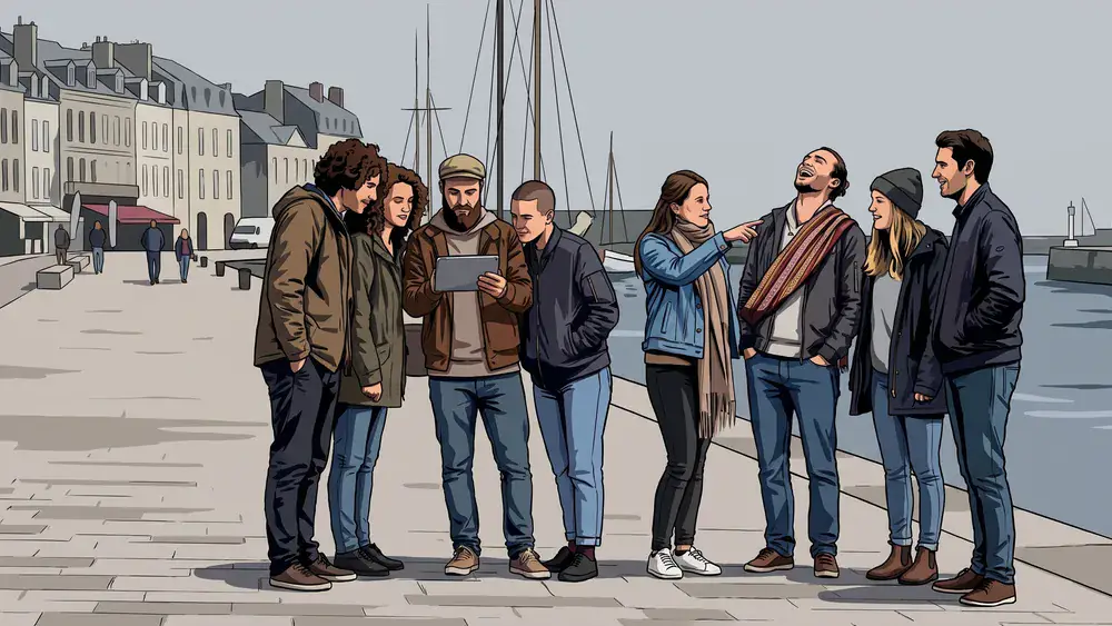 Stadtrallye in Kiel – JGA-Gruppe löst am Wasser eine Aufgabe mit dem Tablet