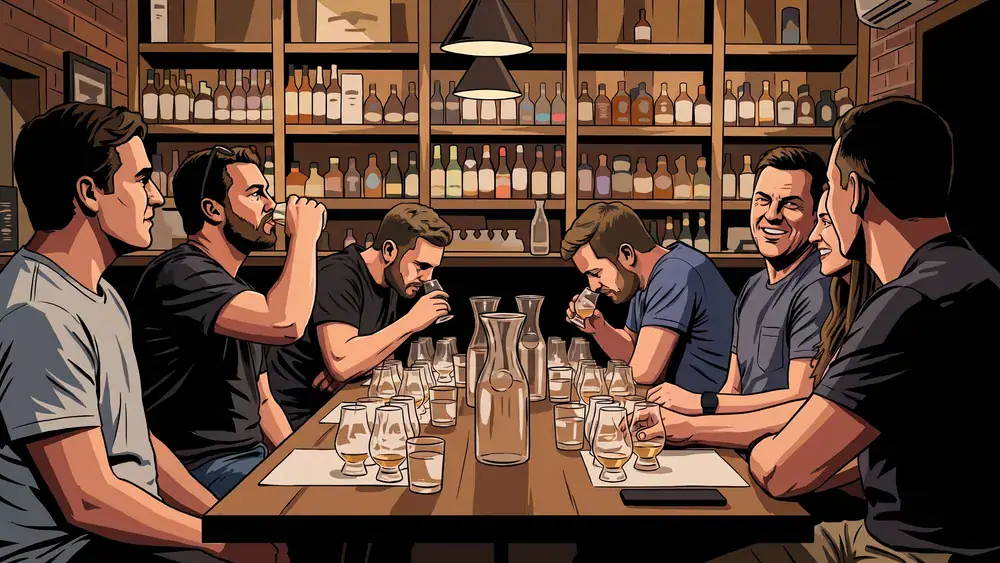 Whisky-Tasting in Kiel – JGA-Runde verkostet am Holztisch aus kleinen Gläsern