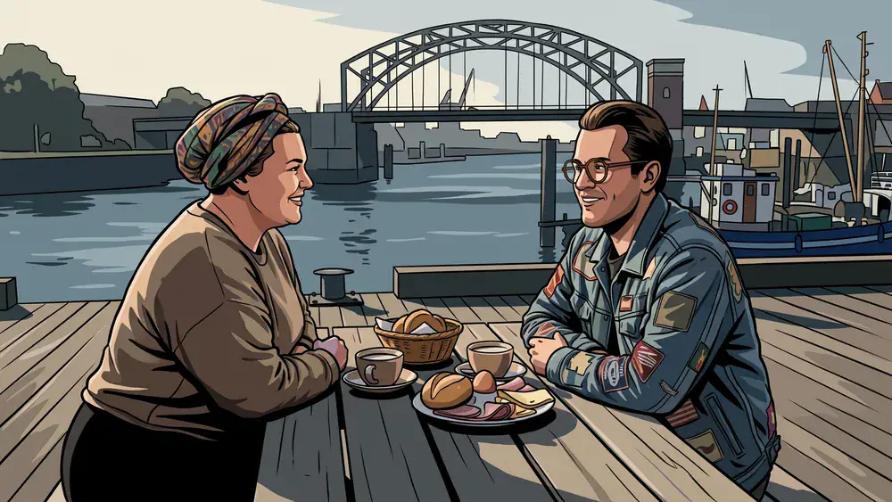 Blauer Engel in Kiel – Zwei Personen frühstücken auf der Terrasse mit Blick auf die Hörnbrücke