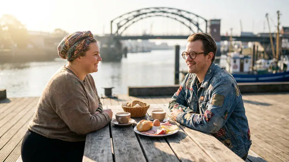 Blauer Engel in Kiel – Zwei Personen frühstücken auf der Terrasse mit Blick auf die Hörnbrücke